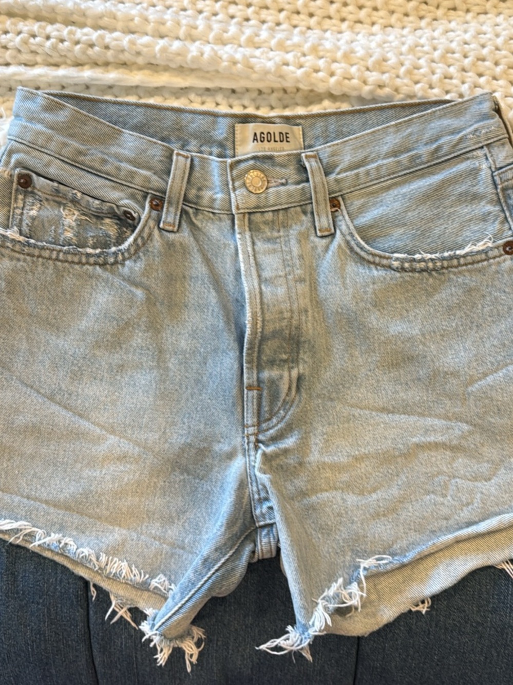 Agolde Light Wash Distressed Denim Cutoff Shorts